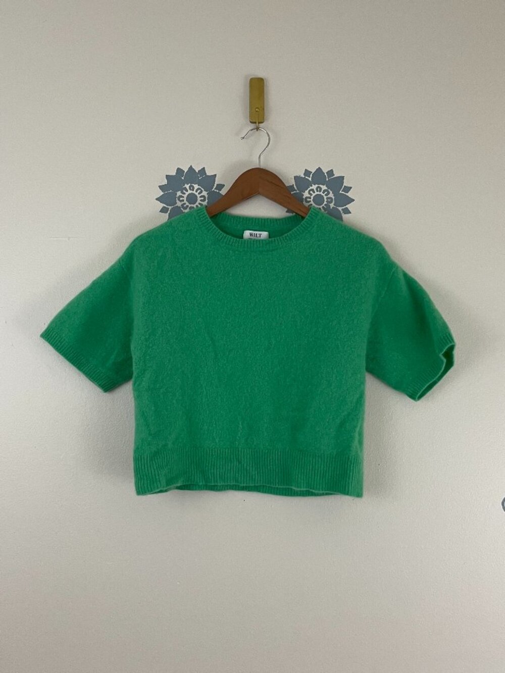 Wilt 100% Cashmere Short Sleeve Pullover Sweater in Green Size Large